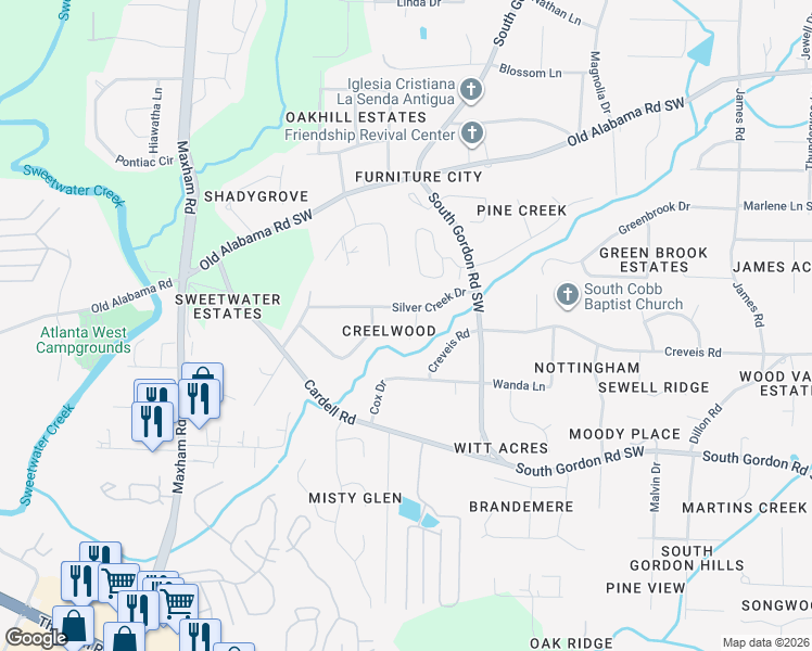 map of restaurants, bars, coffee shops, grocery stores, and more near 6310 Short Street in Austell