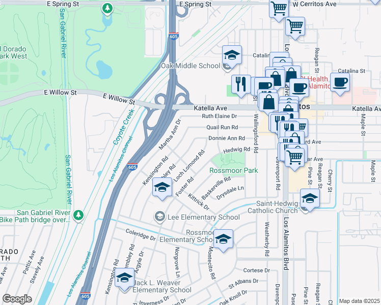 map of restaurants, bars, coffee shops, grocery stores, and more near 11272 Wembley Road in Los Alamitos