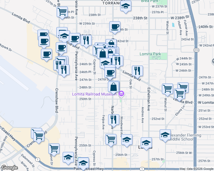 map of restaurants, bars, coffee shops, grocery stores, and more near 2223 248th Street in Lomita