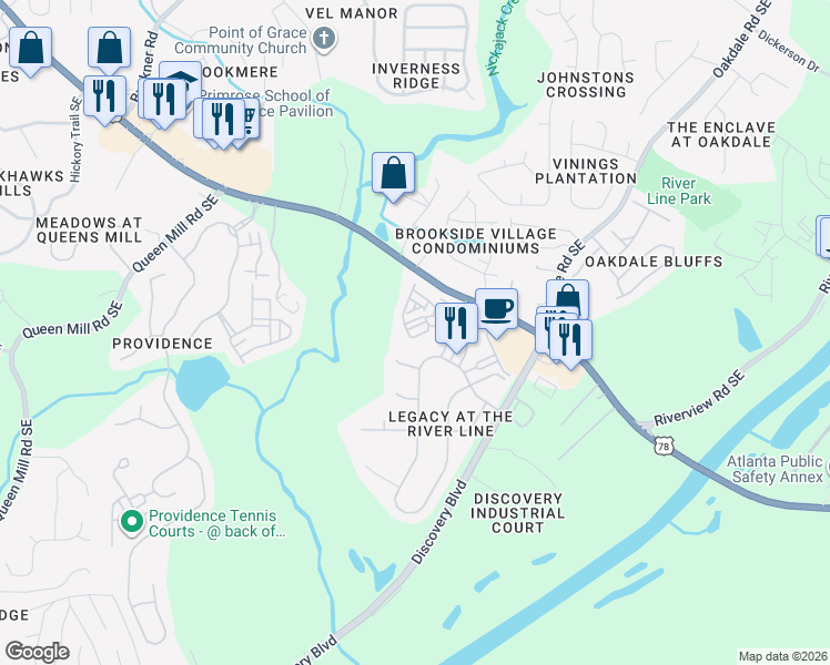 map of restaurants, bars, coffee shops, grocery stores, and more near 1182 Dove Point Court in Mableton