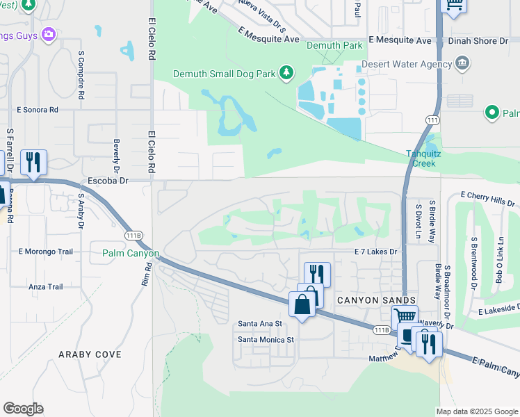 map of restaurants, bars, coffee shops, grocery stores, and more near 173 Westlake Drive in Palm Springs