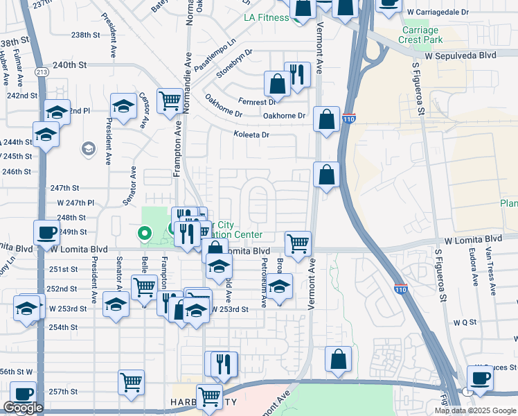 map of restaurants, bars, coffee shops, grocery stores, and more near 1 - 99 Center Avenue in West Carson