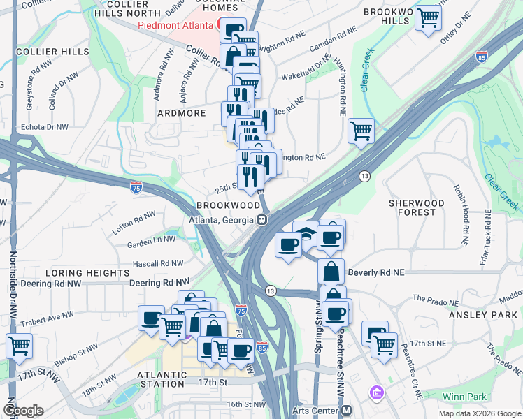 map of restaurants, bars, coffee shops, grocery stores, and more near 1660 Peachtree Street Northwest in Atlanta