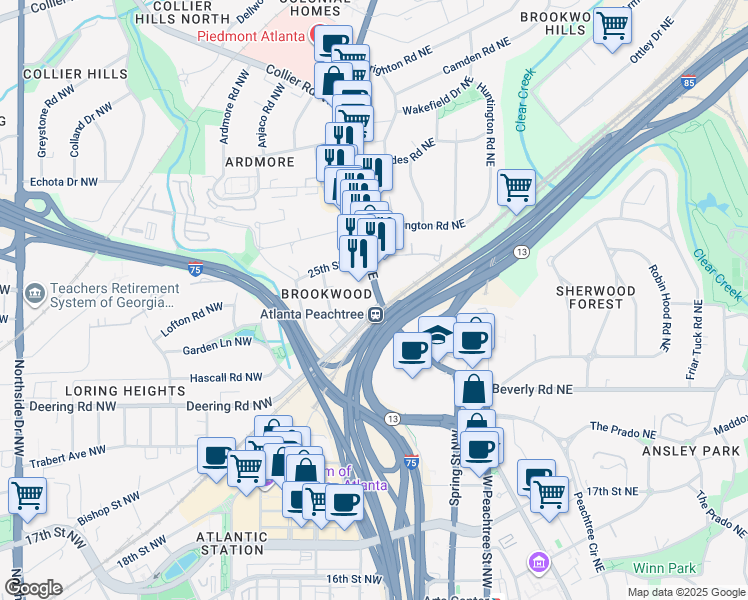 map of restaurants, bars, coffee shops, grocery stores, and more near 1660 Peachtree Street Northwest in Atlanta