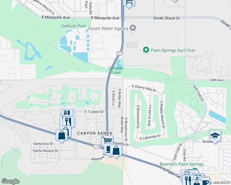 map of restaurants, bars, coffee shops, grocery stores, and more near 1952 South Divot Lane in Palm Springs