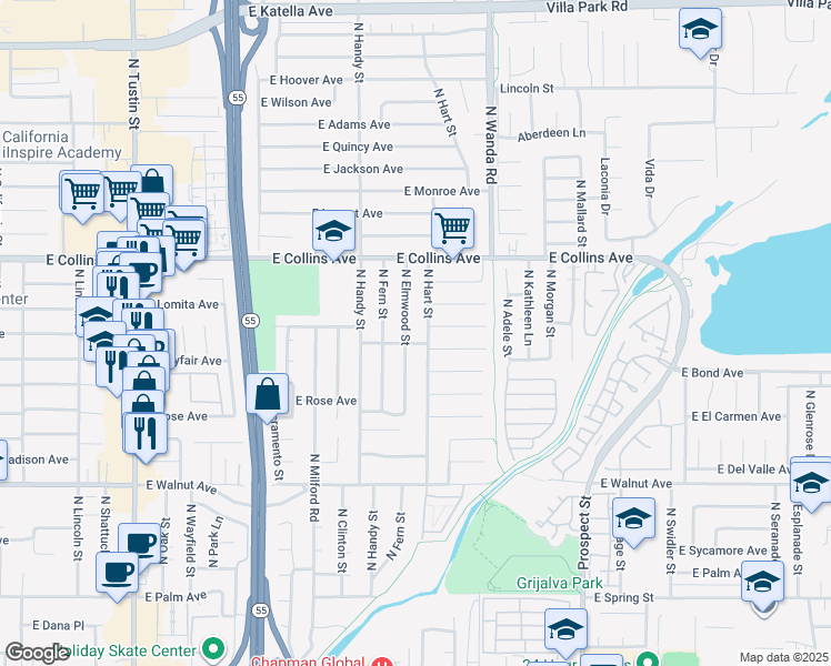 map of restaurants, bars, coffee shops, grocery stores, and more near 773 North Elmwood Street in Orange