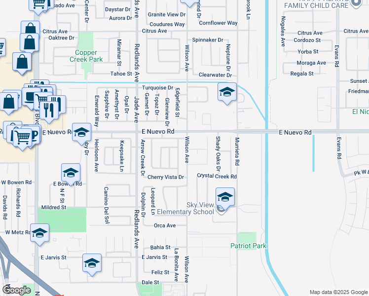 map of restaurants, bars, coffee shops, grocery stores, and more near 1534 Wilson Avenue in Perris