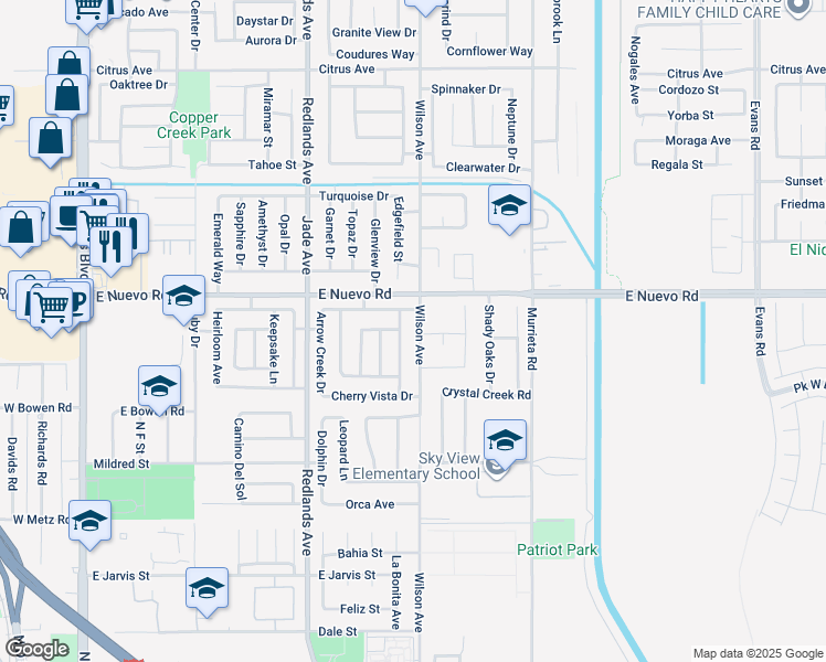 map of restaurants, bars, coffee shops, grocery stores, and more near 1534 Wilson Avenue in Perris