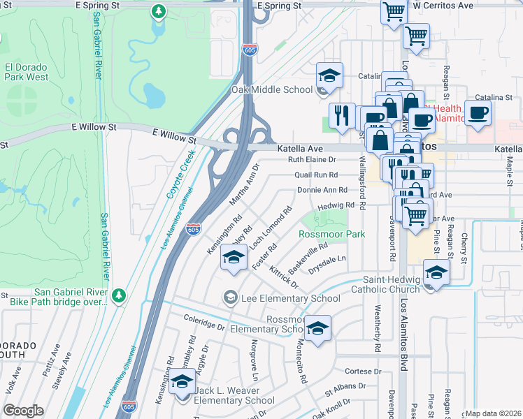map of restaurants, bars, coffee shops, grocery stores, and more near 11291 Wembley Road in Rossmoor