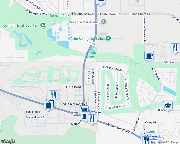 map of restaurants, bars, coffee shops, grocery stores, and more near 1952 South Divot Lane in Palm Springs