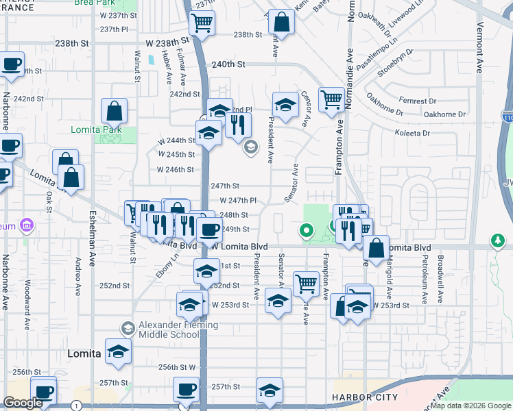 map of restaurants, bars, coffee shops, grocery stores, and more near 1512 West 247th Place in Los Angeles