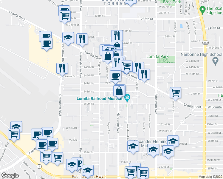 map of restaurants, bars, coffee shops, grocery stores, and more near 2244 248th Street in Lomita