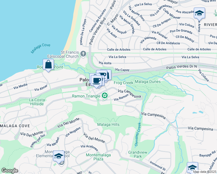 map of restaurants, bars, coffee shops, grocery stores, and more near 2525 Vía Campesina in Palos Verdes Estates