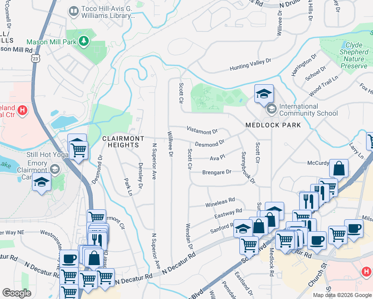 map of restaurants, bars, coffee shops, grocery stores, and more near 526 Scott Circle in Decatur