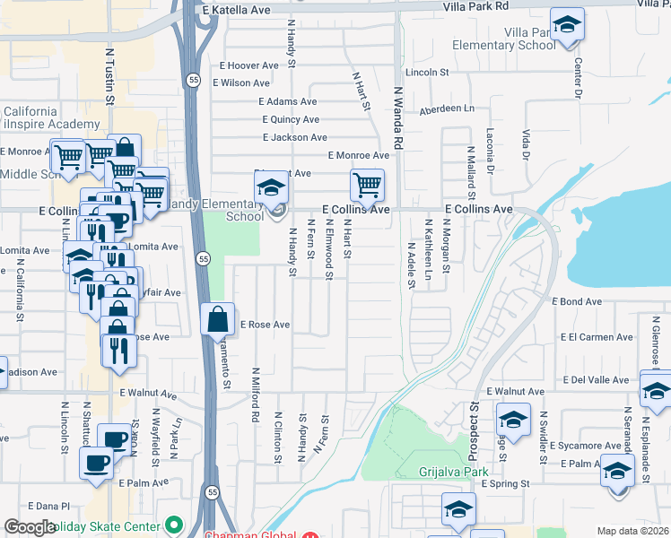 map of restaurants, bars, coffee shops, grocery stores, and more near 773 North Elmwood Street in Orange