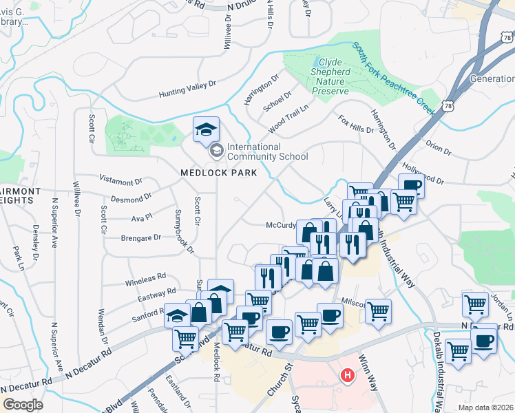 map of restaurants, bars, coffee shops, grocery stores, and more near 2427 Woodridge Drive in Decatur