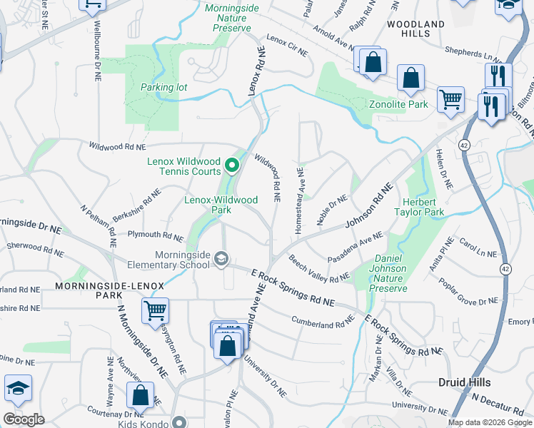 map of restaurants, bars, coffee shops, grocery stores, and more near 1643 Wildwood Road Northeast in Atlanta