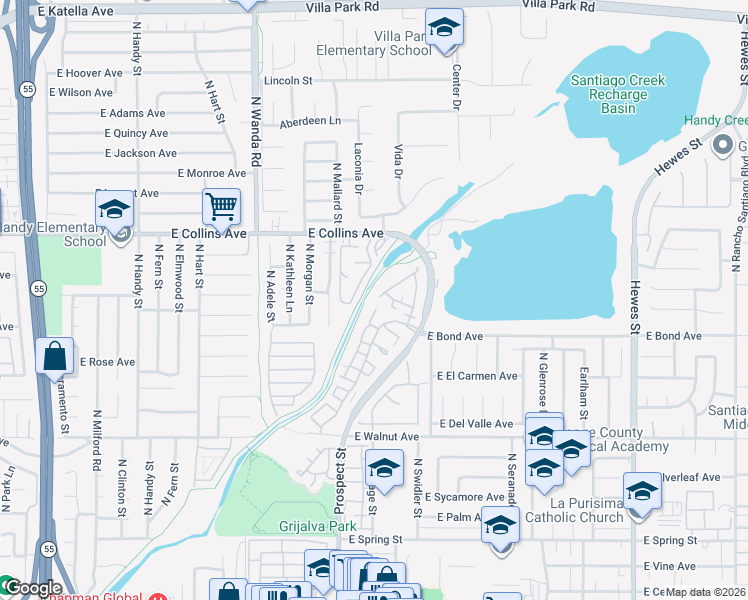 map of restaurants, bars, coffee shops, grocery stores, and more near 3404 East Lambeth Court in Orange