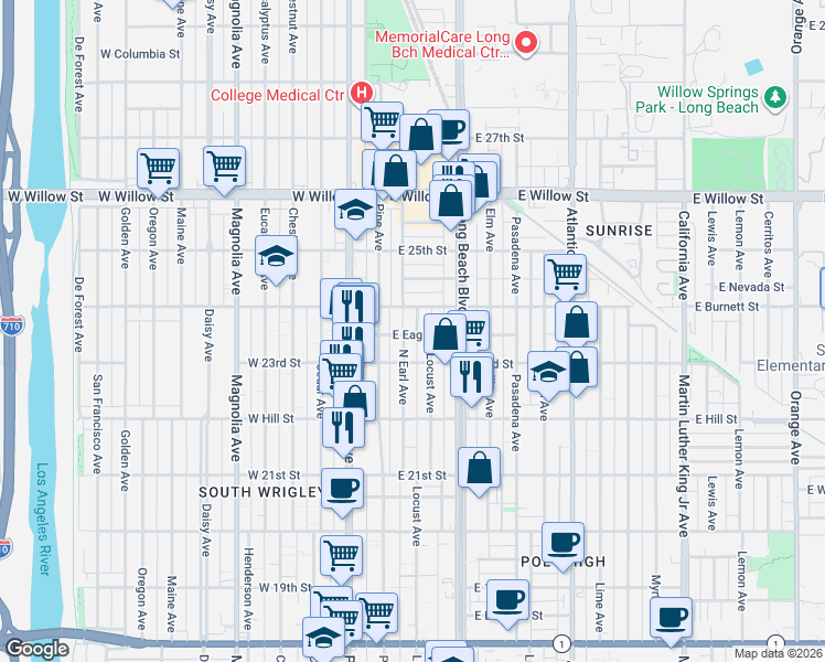map of restaurants, bars, coffee shops, grocery stores, and more near 155 East Eagle Street in Long Beach