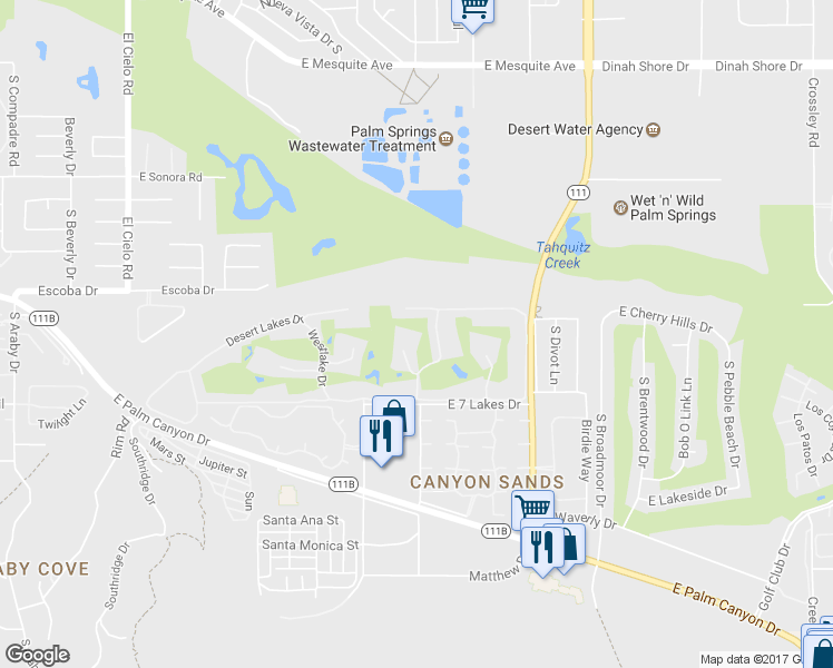 map of restaurants, bars, coffee shops, grocery stores, and more near 16 Lakeview Drive in Palm Springs