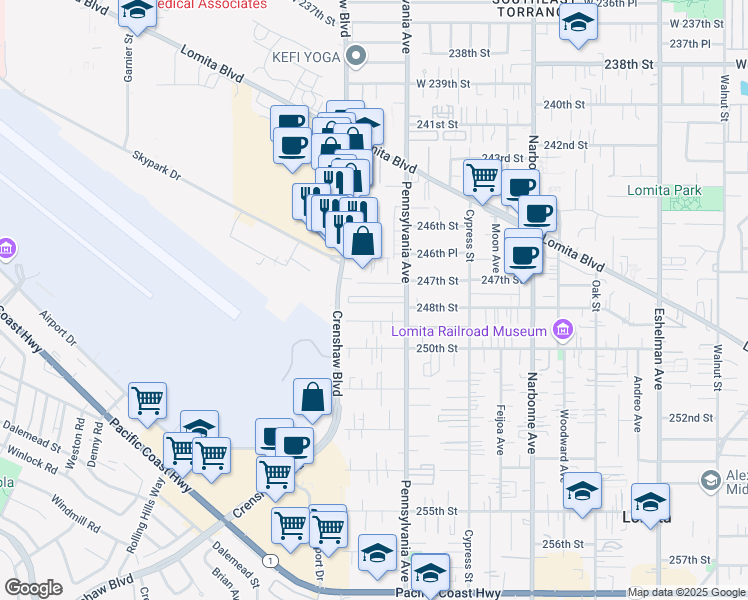 map of restaurants, bars, coffee shops, grocery stores, and more near 24725 Pennsylvania Avenue in Lomita