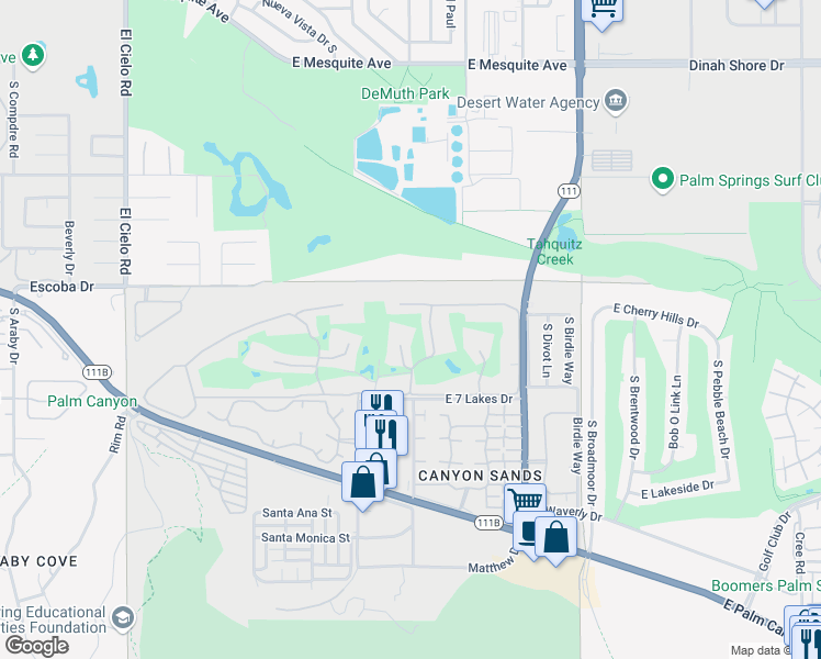 map of restaurants, bars, coffee shops, grocery stores, and more near 16 Lakeview Drive in Palm Springs