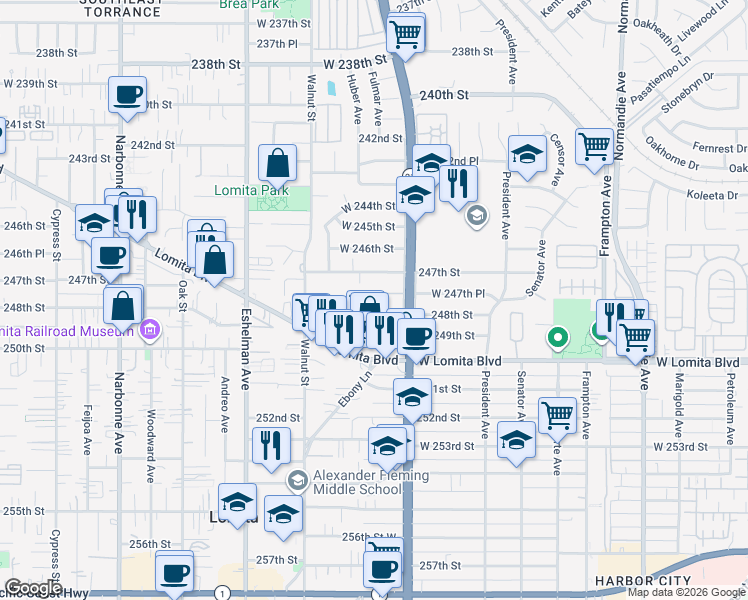 map of restaurants, bars, coffee shops, grocery stores, and more near 1736 West 247th Place in Lomita