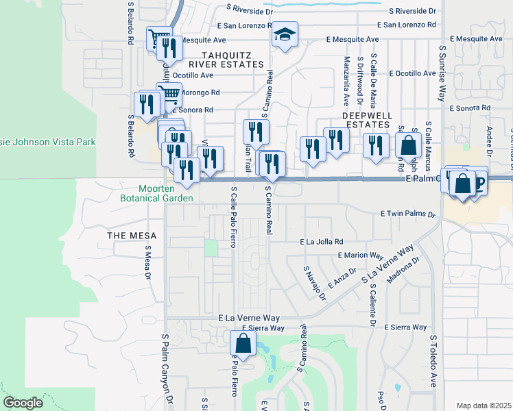 map of restaurants, bars, coffee shops, grocery stores, and more near 791 East Twin Palms Drive in Palm Springs