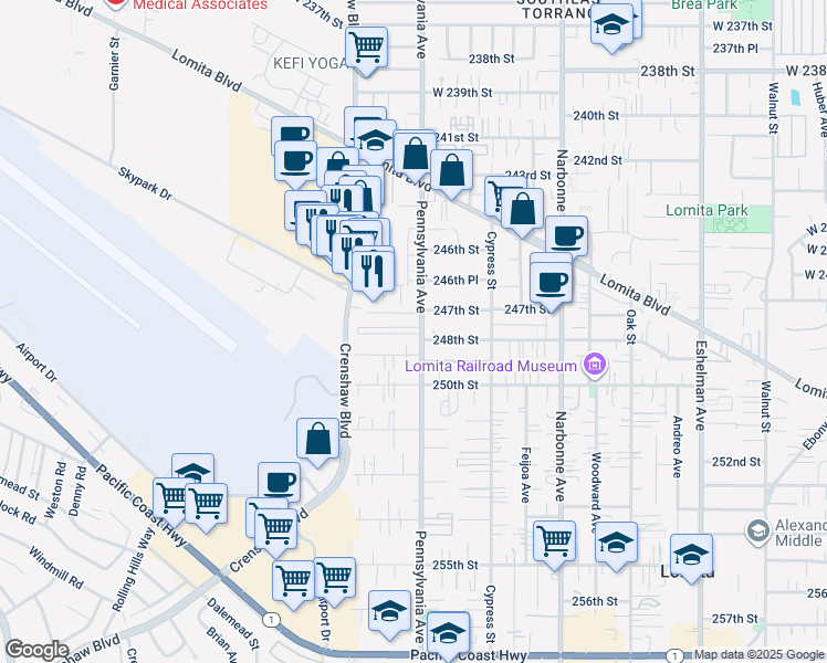 map of restaurants, bars, coffee shops, grocery stores, and more near 24725 Pennsylvania Avenue in Lomita