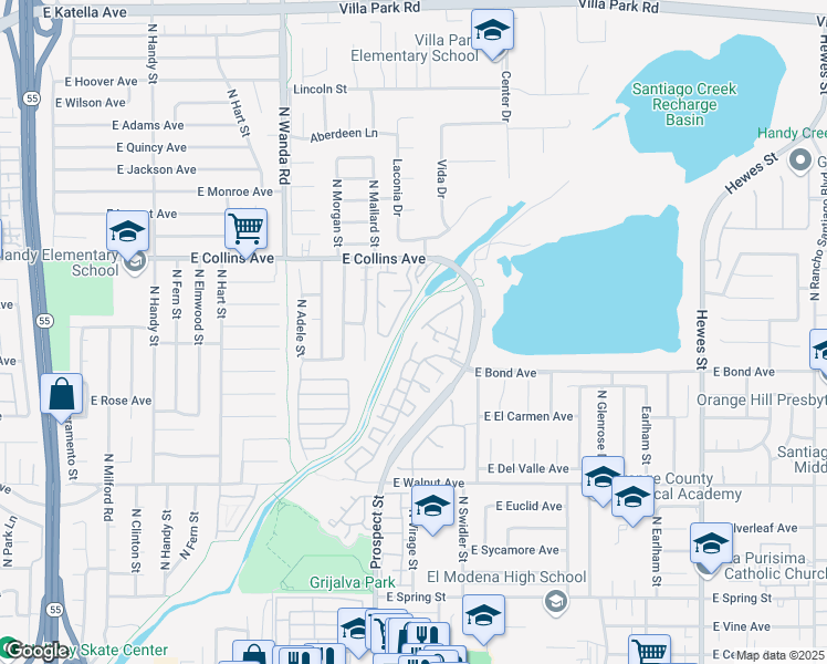 map of restaurants, bars, coffee shops, grocery stores, and more near 3509 East Berkshire Court in Orange