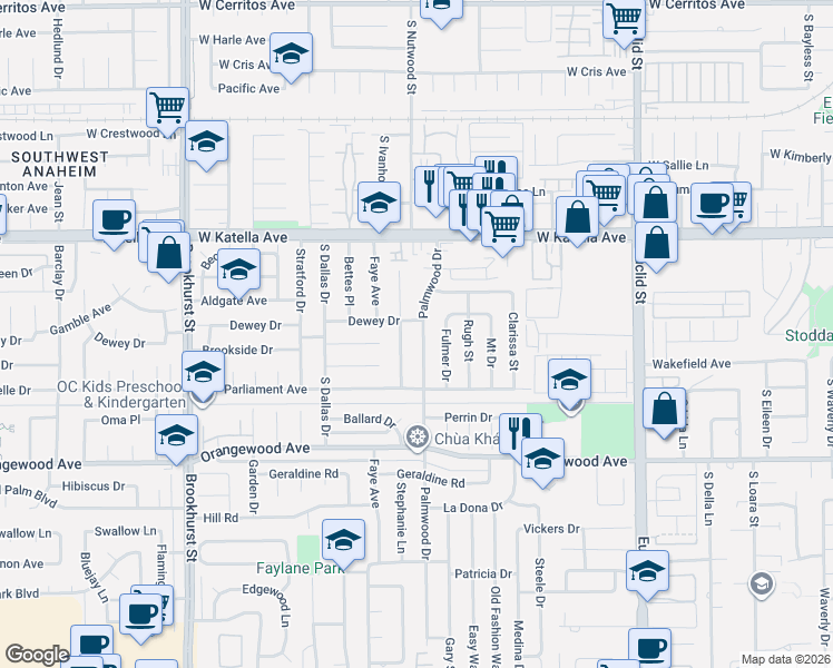 map of restaurants, bars, coffee shops, grocery stores, and more near 11211 Palmwood Drive in Garden Grove