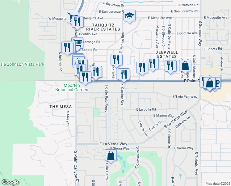map of restaurants, bars, coffee shops, grocery stores, and more near 791 East Twin Palms Drive in Palm Springs