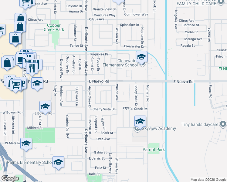 map of restaurants, bars, coffee shops, grocery stores, and more near 1529 Apple Creek Drive in Perris