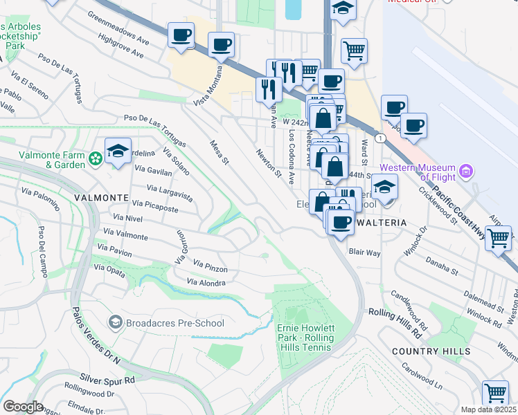 map of restaurants, bars, coffee shops, grocery stores, and more near 24859 Vía Valmonte in Torrance