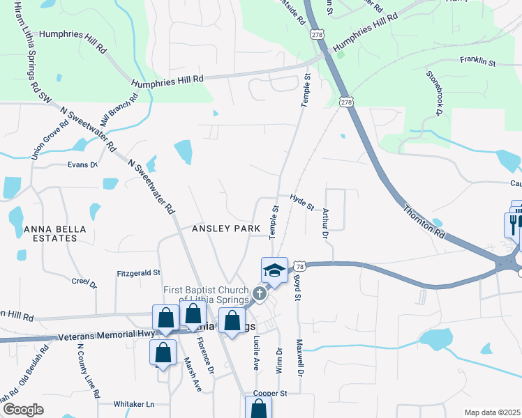 map of restaurants, bars, coffee shops, grocery stores, and more near 6366 Gordon Street in Lithia Springs