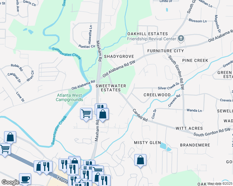 map of restaurants, bars, coffee shops, grocery stores, and more near 2155 Cardell Road in Austell