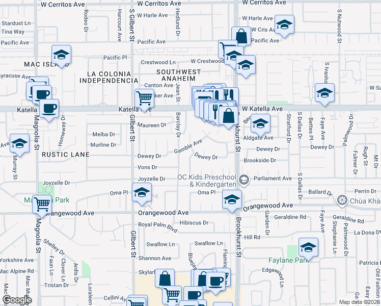 map of restaurants, bars, coffee shops, grocery stores, and more near 11211 Gardenaire Lane in Garden Grove