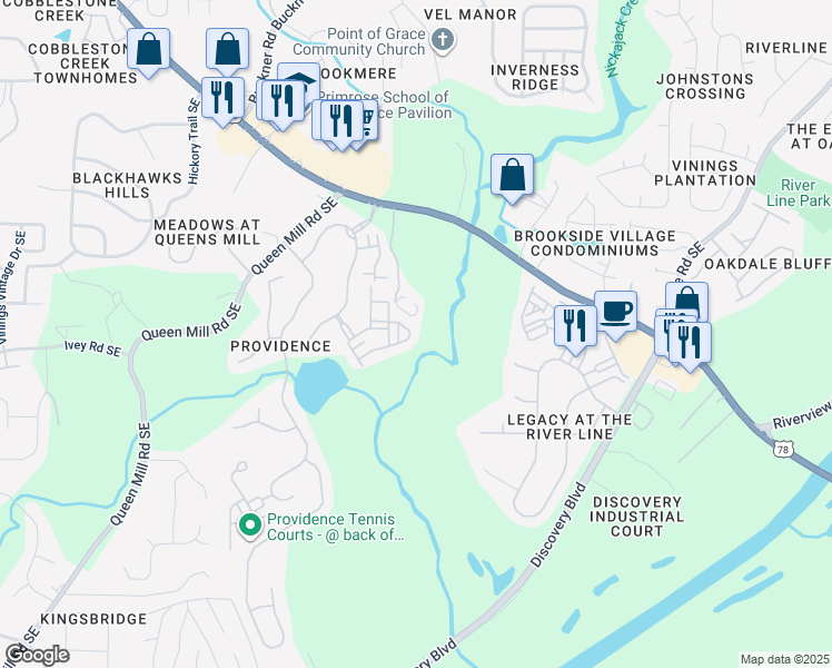map of restaurants, bars, coffee shops, grocery stores, and more near 6379 Queens Court Trace in Mableton