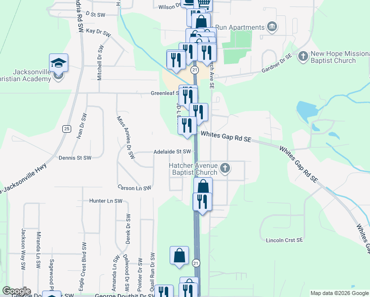 map of restaurants, bars, coffee shops, grocery stores, and more near 103 Adelaide Street Southwest in Jacksonville