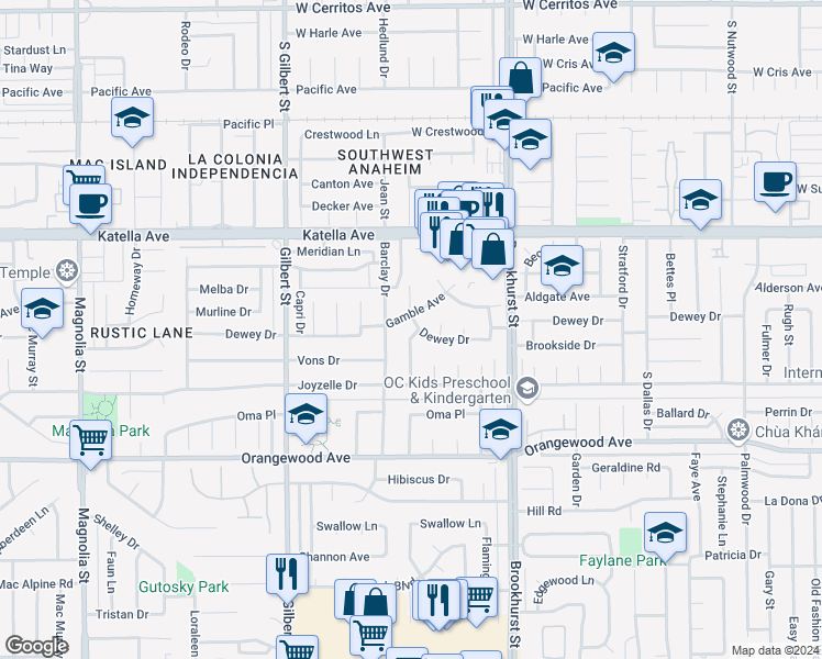 map of restaurants, bars, coffee shops, grocery stores, and more near 11211 Gardenaire Lane in Garden Grove