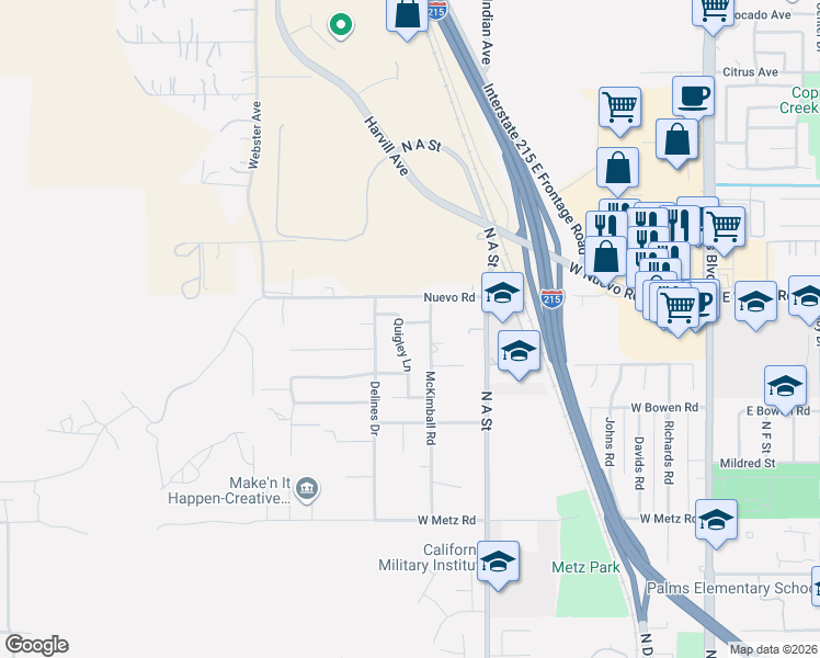 map of restaurants, bars, coffee shops, grocery stores, and more near 539 Pratt Street in Perris