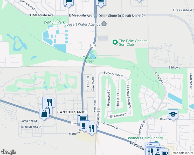 map of restaurants, bars, coffee shops, grocery stores, and more near 1955 South Broadmoor Drive in Palm Springs