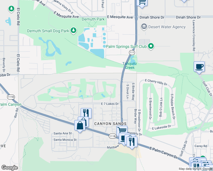 map of restaurants, bars, coffee shops, grocery stores, and more near 130 Eastlake Drive in Palm Springs