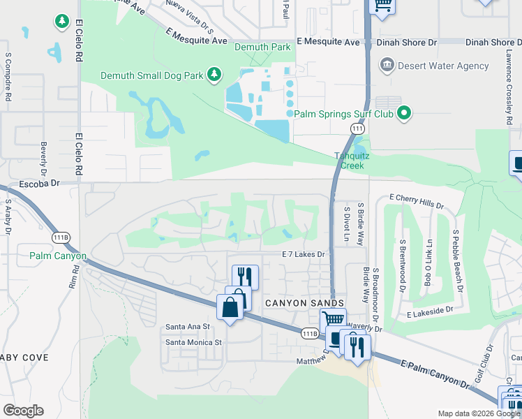 map of restaurants, bars, coffee shops, grocery stores, and more near 80 Lakeview Drive in Palm Springs