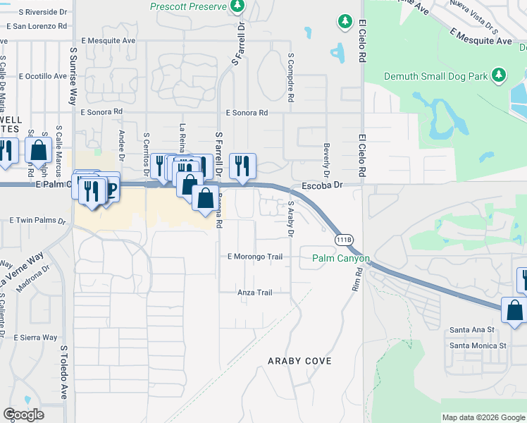 map of restaurants, bars, coffee shops, grocery stores, and more near 2701 Pintura Circle East in Palm Springs