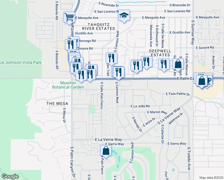 map of restaurants, bars, coffee shops, grocery stores, and more near 791 East Twin Palms Drive in Palm Springs