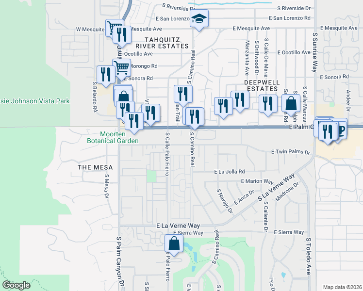 map of restaurants, bars, coffee shops, grocery stores, and more near 791 East Twin Palms Drive in Palm Springs
