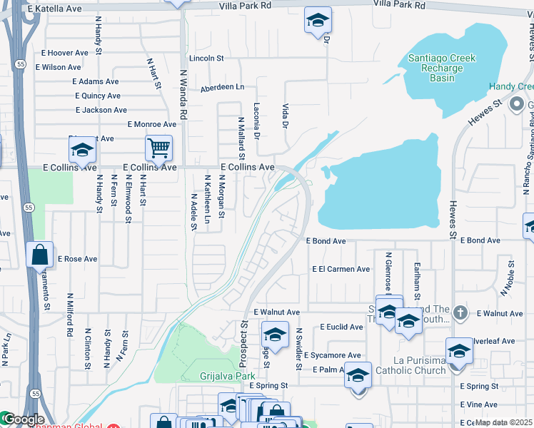 map of restaurants, bars, coffee shops, grocery stores, and more near 3418 East Lambeth Court in Orange
