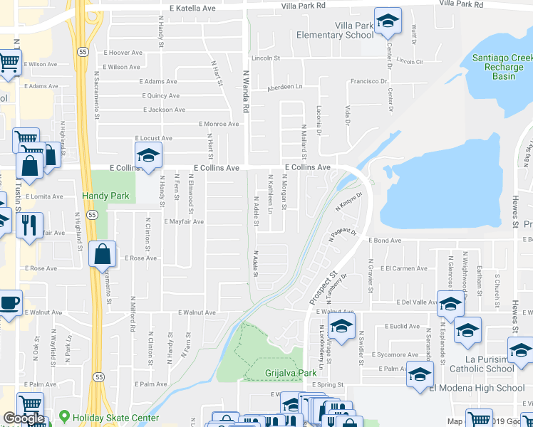 map of restaurants, bars, coffee shops, grocery stores, and more near 735 North Kathleen Lane in Orange