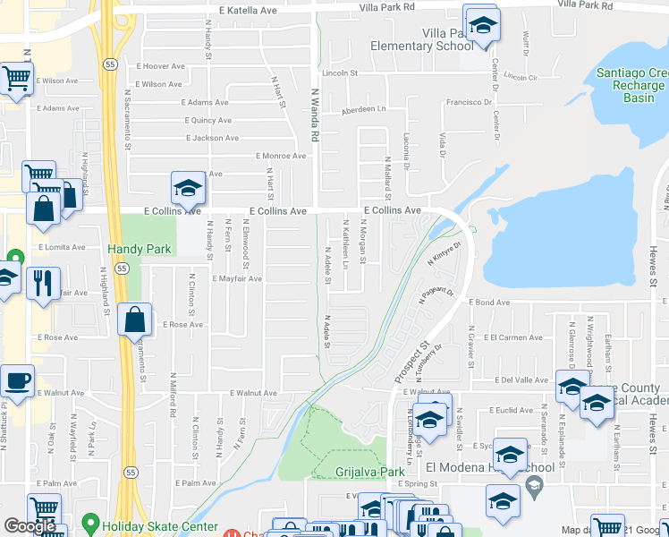 map of restaurants, bars, coffee shops, grocery stores, and more near 750 North Kathleen Lane in Orange